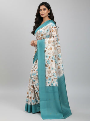 Offwhite & Rama Floral Digital Printed Silk Blend Lucknowi Saree With Jacquard Woven Border & Pallu - Image 1