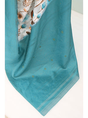 Offwhite & Rama Floral Digital Printed Silk Blend Lucknowi Saree With Jacquard Woven Border & Pallu - Image 2