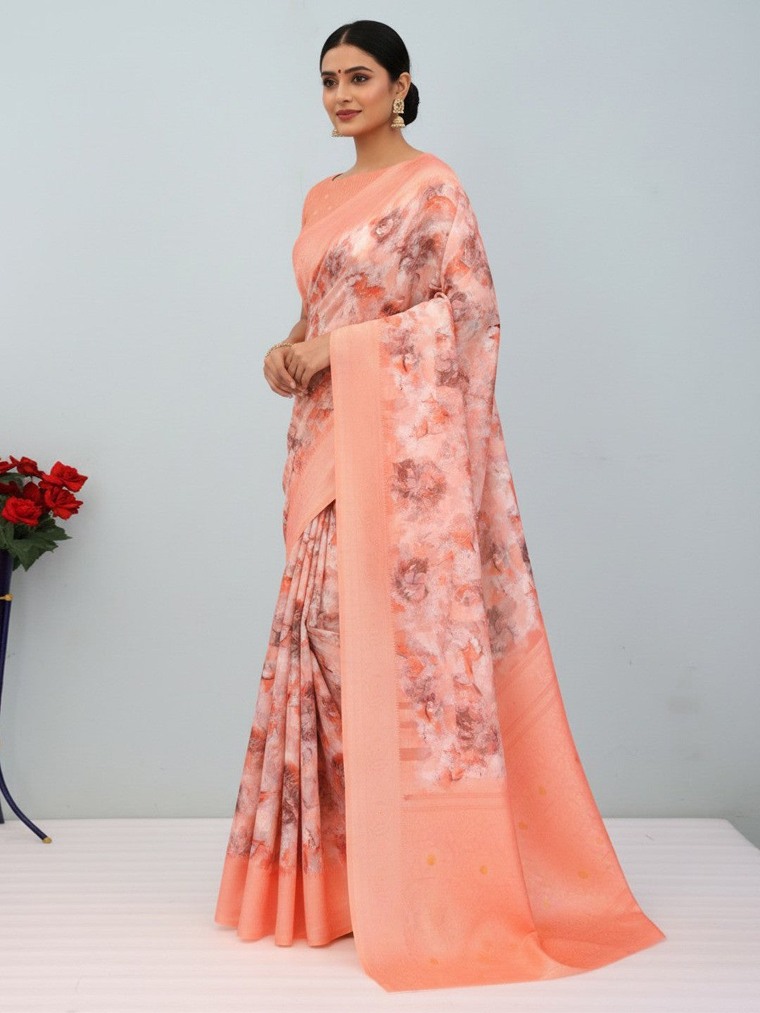 Peach Floral Digital Printed Silk Blend Lucknowi Saree With Jacquard Woven Border & Pallu - Image 1