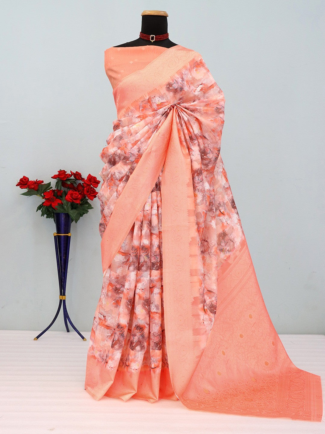 Peach Floral Digital Printed Silk Blend Lucknowi Saree With Jacquard Woven Border & Pallu - Image 4