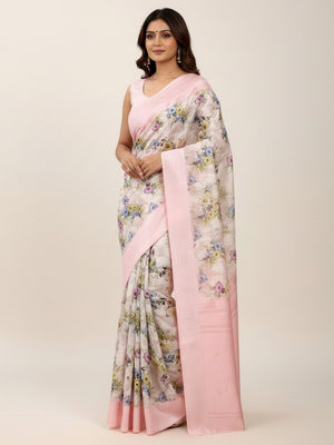 Offwhite & Pink Floral Digital Printed Silk Blend Lucknowi Saree With Jacquard Woven Border & Pallu - Image 1