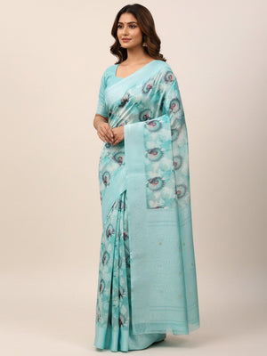 Turquoise Floral Digital Printed Silk Blend Lucknowi Saree With Jacquard Woven Border & Pallu - Image 1