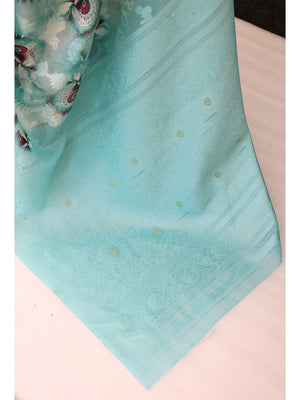 Turquoise Floral Digital Printed Silk Blend Lucknowi Saree With Jacquard Woven Border & Pallu - Image 2