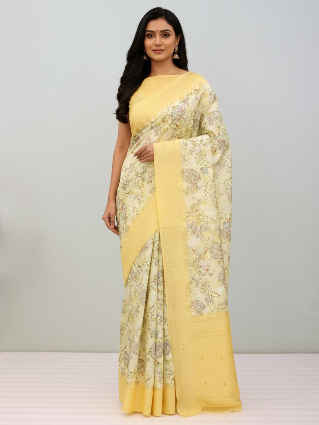 Yellow Floral Digital Printed Silk Blend Lucknowi Saree With Jacquard Woven Border & Pallu - Image 1