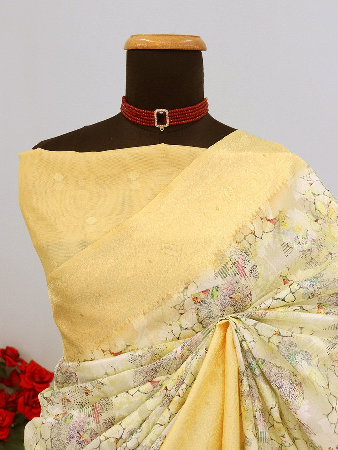 Yellow Floral Digital Printed Silk Blend Lucknowi Saree With Jacquard Woven Border & Pallu - Image 3