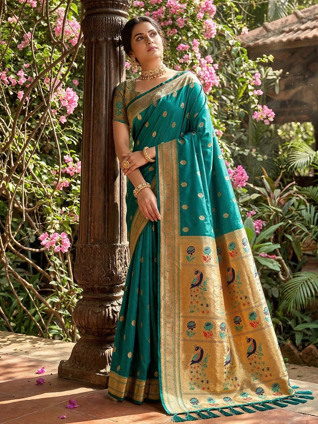 Rama Green Silk Blend Saree with Peacock Zari Work In Paithani Style - Image 1