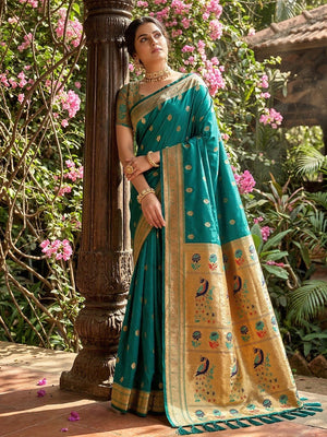 Rama Green Silk Blend Saree with Peacock Zari Work In Paithani Style - Image 1