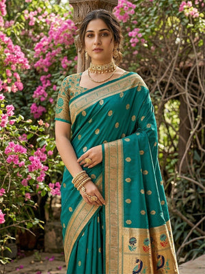 Rama Green Silk Blend Saree with Peacock Zari Work In Paithani Style - Image 2