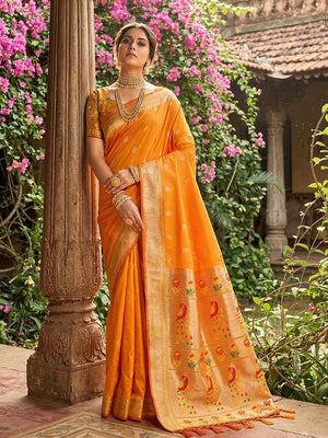Yellow Silk Blend Saree with Peacock Zari Work In Paithani Style - Image 1