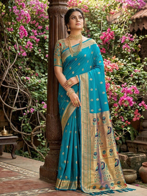 Rama Blue Silk Blend Saree with Peacock Zari Work in Paithani Style - Image 1