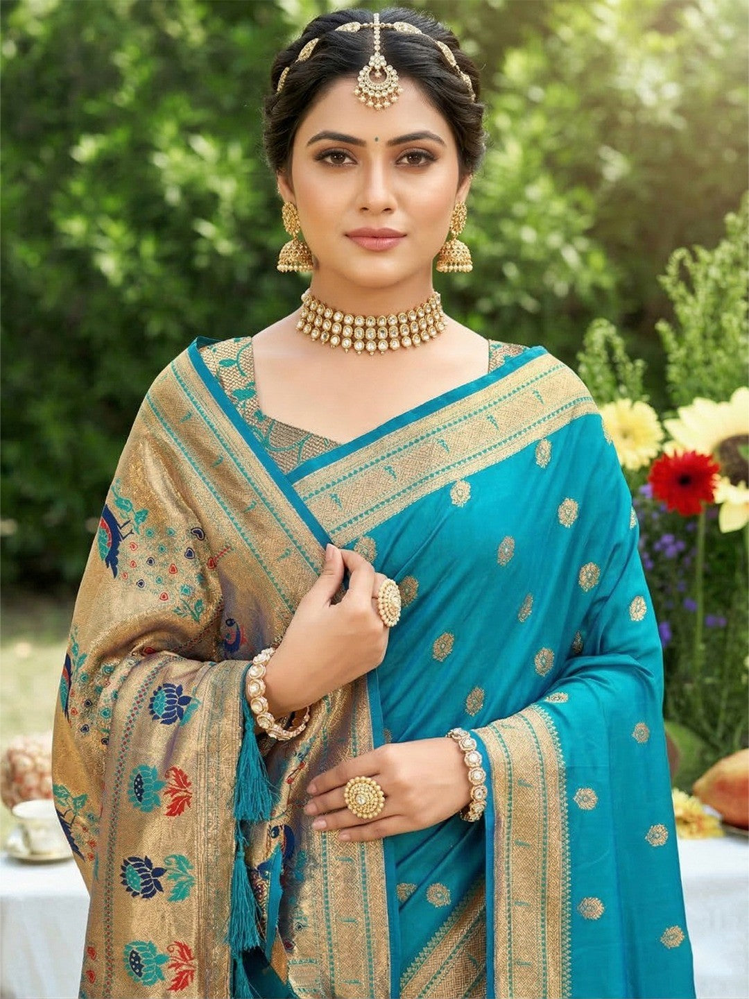 Rama Blue Silk Blend Saree with Peacock Zari Work in Paithani Style - Image 4