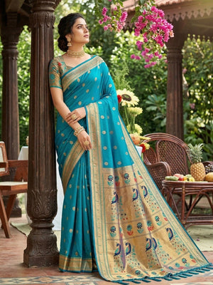 Rama Blue Silk Blend Saree with Peacock Zari Work in Paithani Style - Image 2