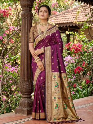 Wine Silk Blend Saree with Peacock Zari Work In Paithani Style - Image 1