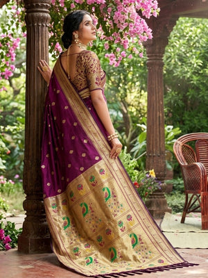 Wine Silk Blend Saree with Peacock Zari Work In Paithani Style - Image 2