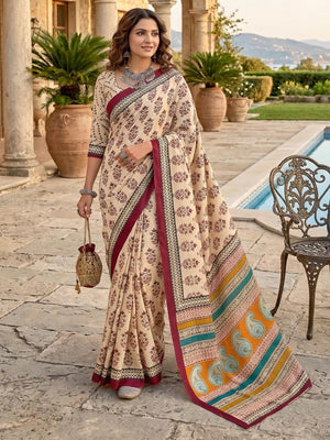 Subtle Beige & Maroon Floral Printed Mulmul Cotton Saree With Delicate Print Work - Image 1