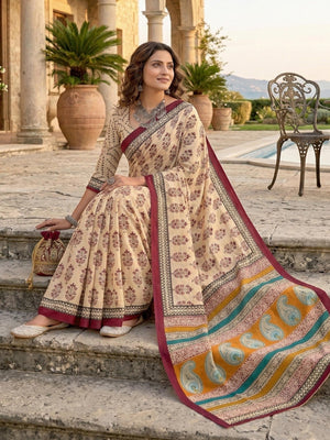 Subtle Beige & Maroon Floral Printed Mulmul Cotton Saree With Delicate Print Work - Image 2