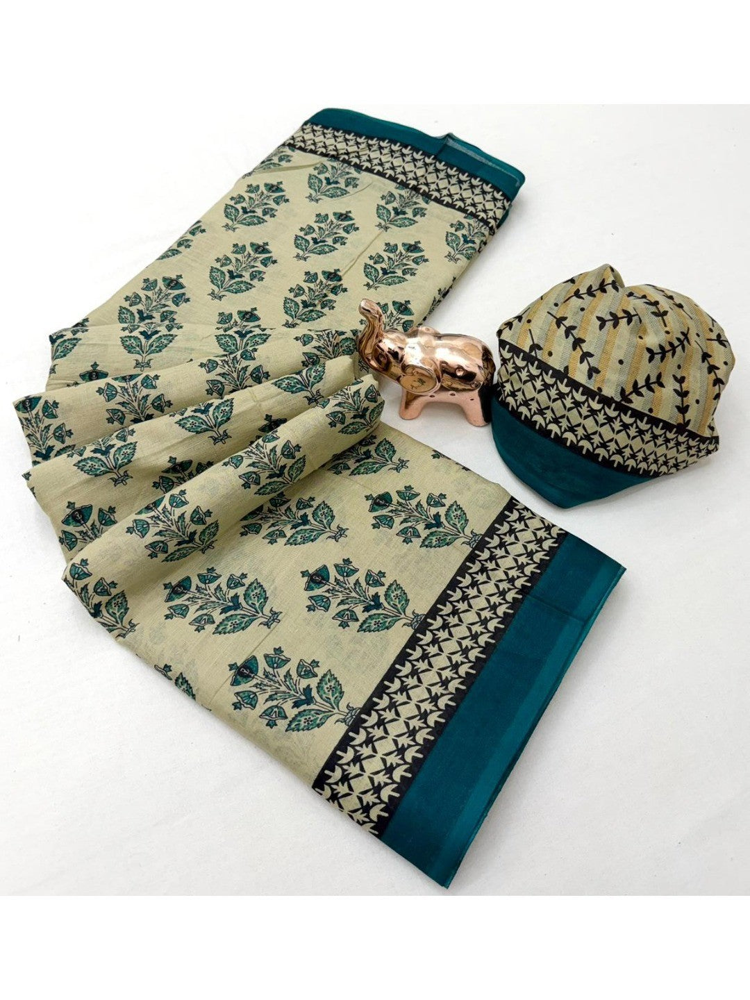 Subtle Beige & Teal Floral Printed Mulmul Cotton Saree With Delicate Print Work - Image 2
