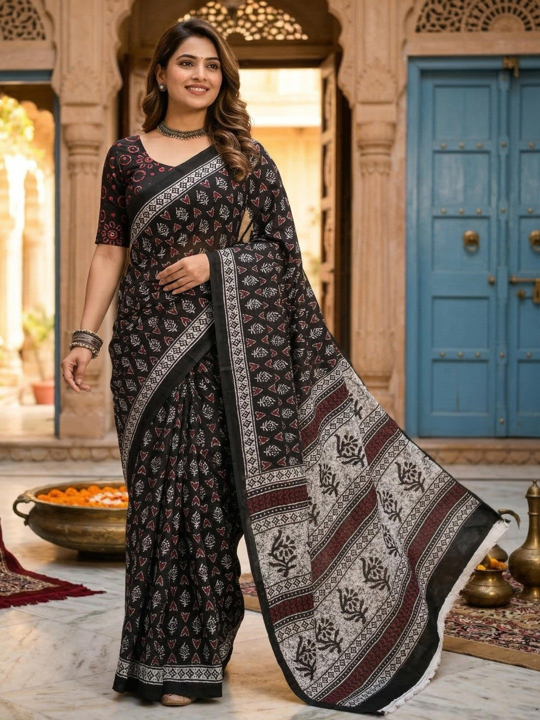 Trendy Black Floral & Geometric Printed Mulmul Cotton Saree With Unique Pattern Work - Image 1