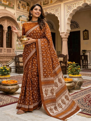 Trendy Brown Floral & Geometric Printed Mulmul Cotton Saree With Unique Pattern Work - Image 1