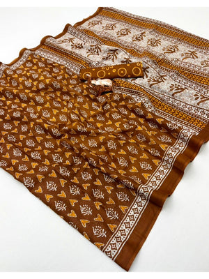 Trendy Brown Floral & Geometric Printed Mulmul Cotton Saree With Unique Pattern Work - Image 2