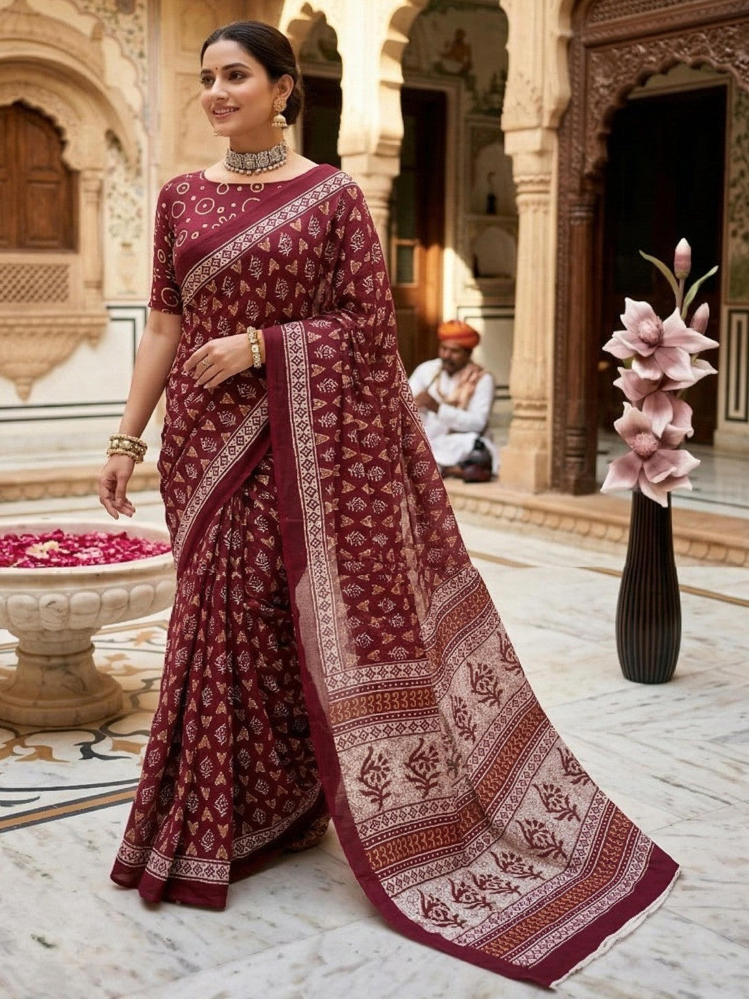 Trendy Maroon Floral & Geometric Printed Mulmul Cotton Saree With Unique Pattern Work - Image 1