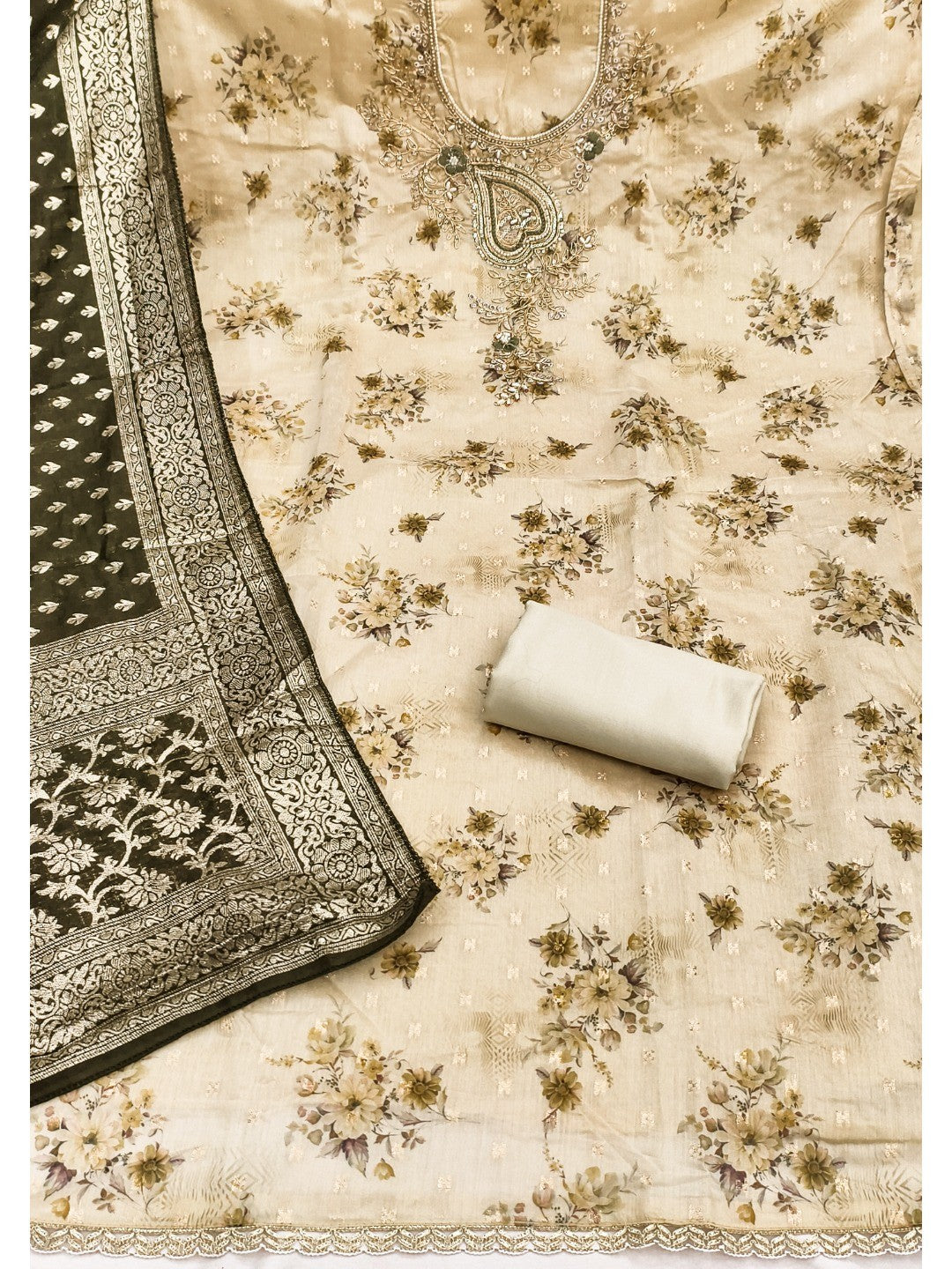 Beige Floral Printed Cotton Blend Unstitched Suit Material for Stylish Traditional Outfits - Image 4