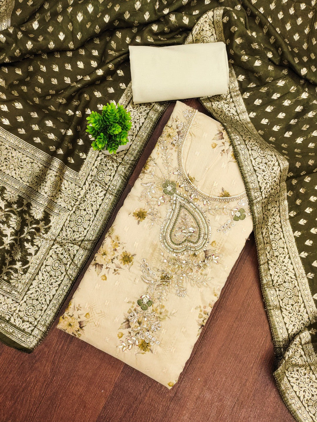 Beige Floral Printed Cotton Blend Unstitched Suit Material for Stylish Traditional Outfits - Image 3