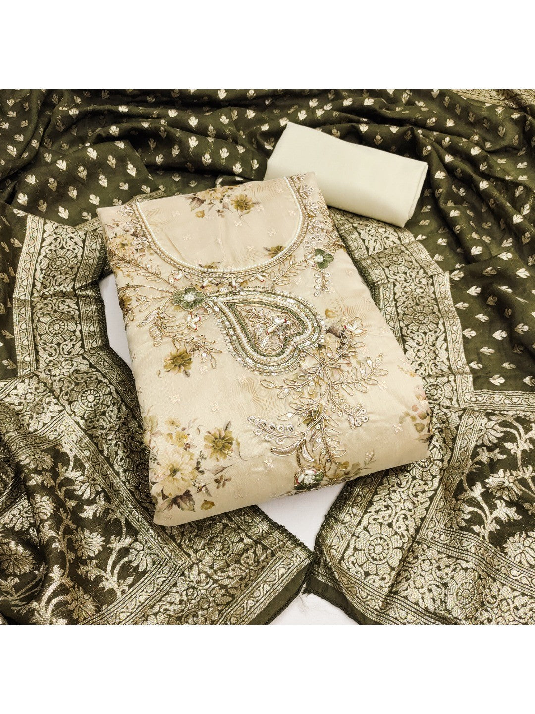 Beige Floral Printed Cotton Blend Unstitched Suit Material for Stylish Traditional Outfits - Image 1