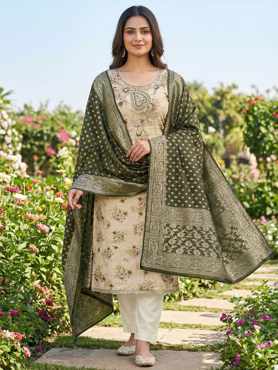 Beige Floral Printed Cotton Blend Unstitched Suit Material for Stylish Traditional Outfits - Image 2
