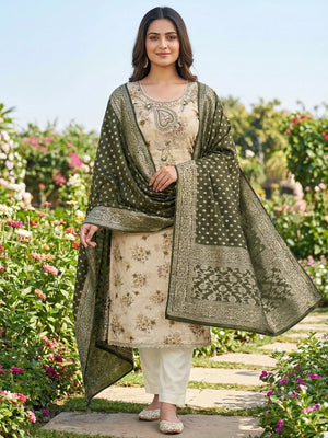 Beige Floral Printed Cotton Blend Unstitched Suit Material for Stylish Traditional Outfits - Image 2