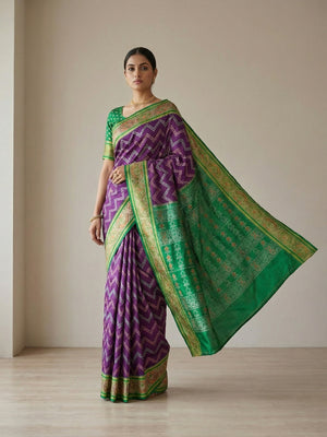 Elegant Purple Art Silk Saree with Chevron Print and Green Border - Image 1