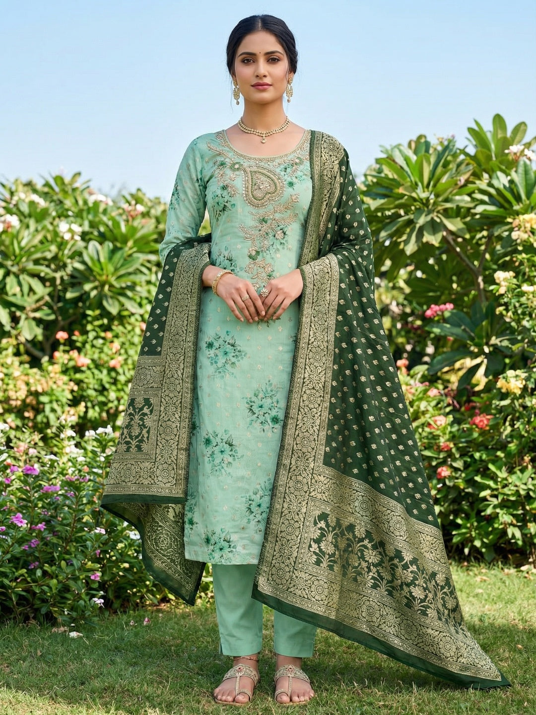 Sea Green Floral Printed Cotton Blend Unstitched Suit Material for Stylish Traditional Outfits - Image 2