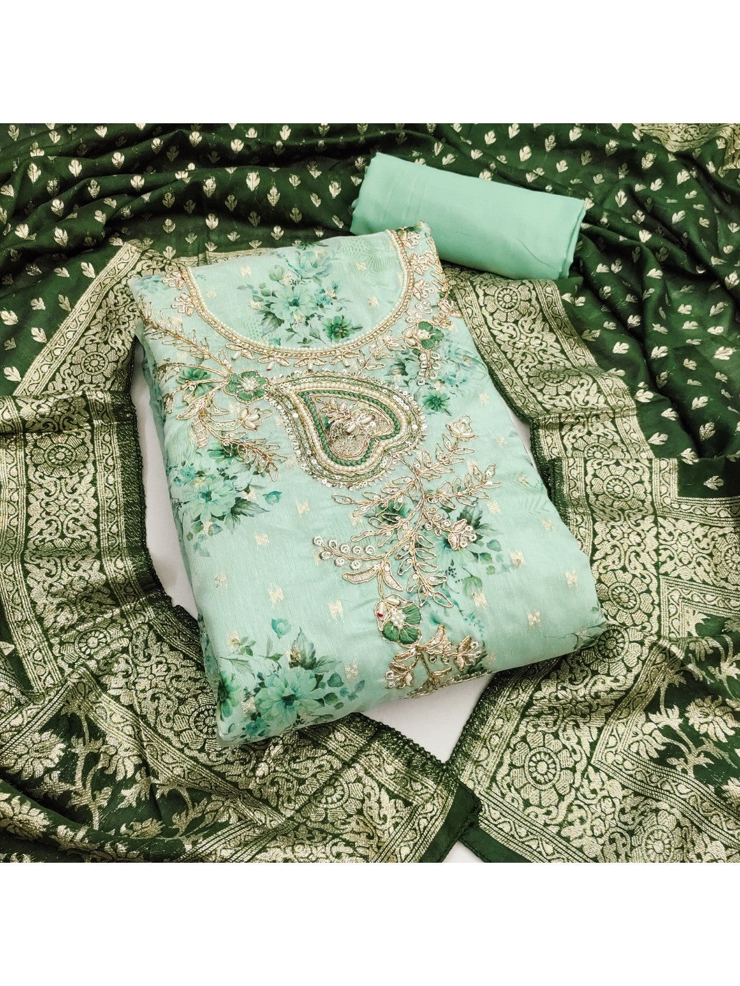 Sea Green Floral Printed Cotton Blend Unstitched Suit Material for Stylish Traditional Outfits - Image 1