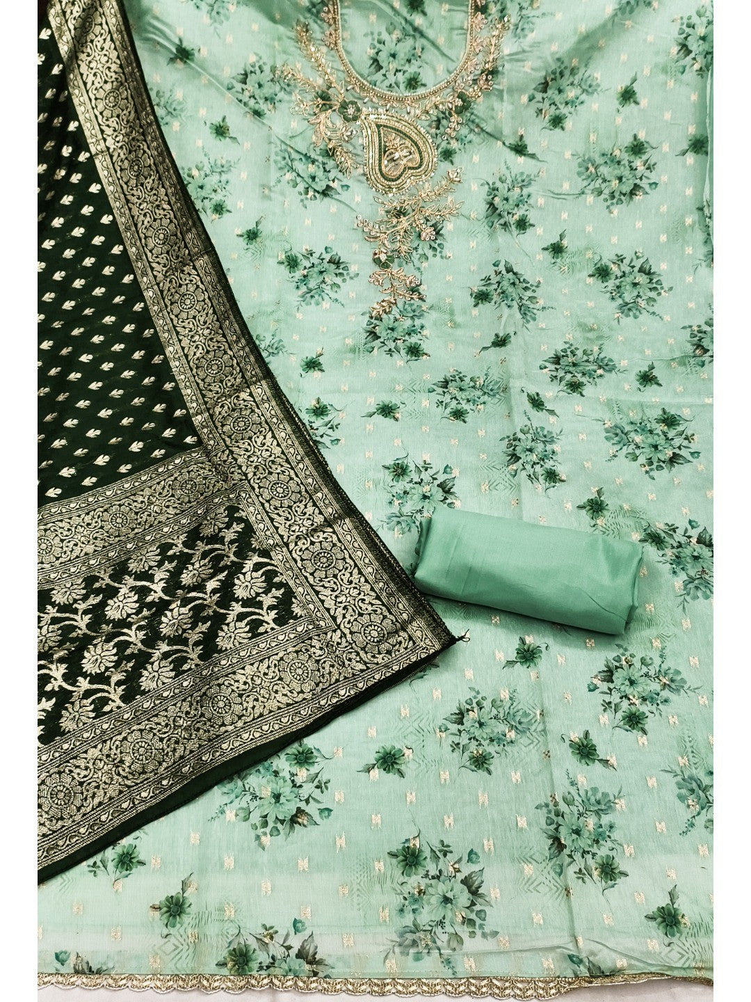Sea Green Floral Printed Cotton Blend Unstitched Suit Material for Stylish Traditional Outfits - Image 3