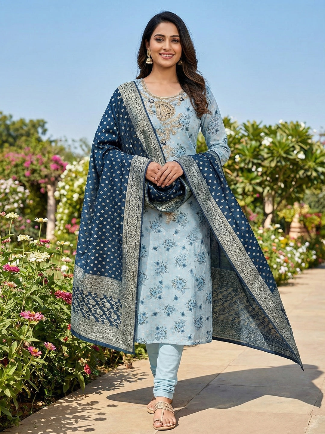 Blue Floral Printed Cotton Blend Unstitched Suit Material for Stylish Traditional Outfits - Image 2
