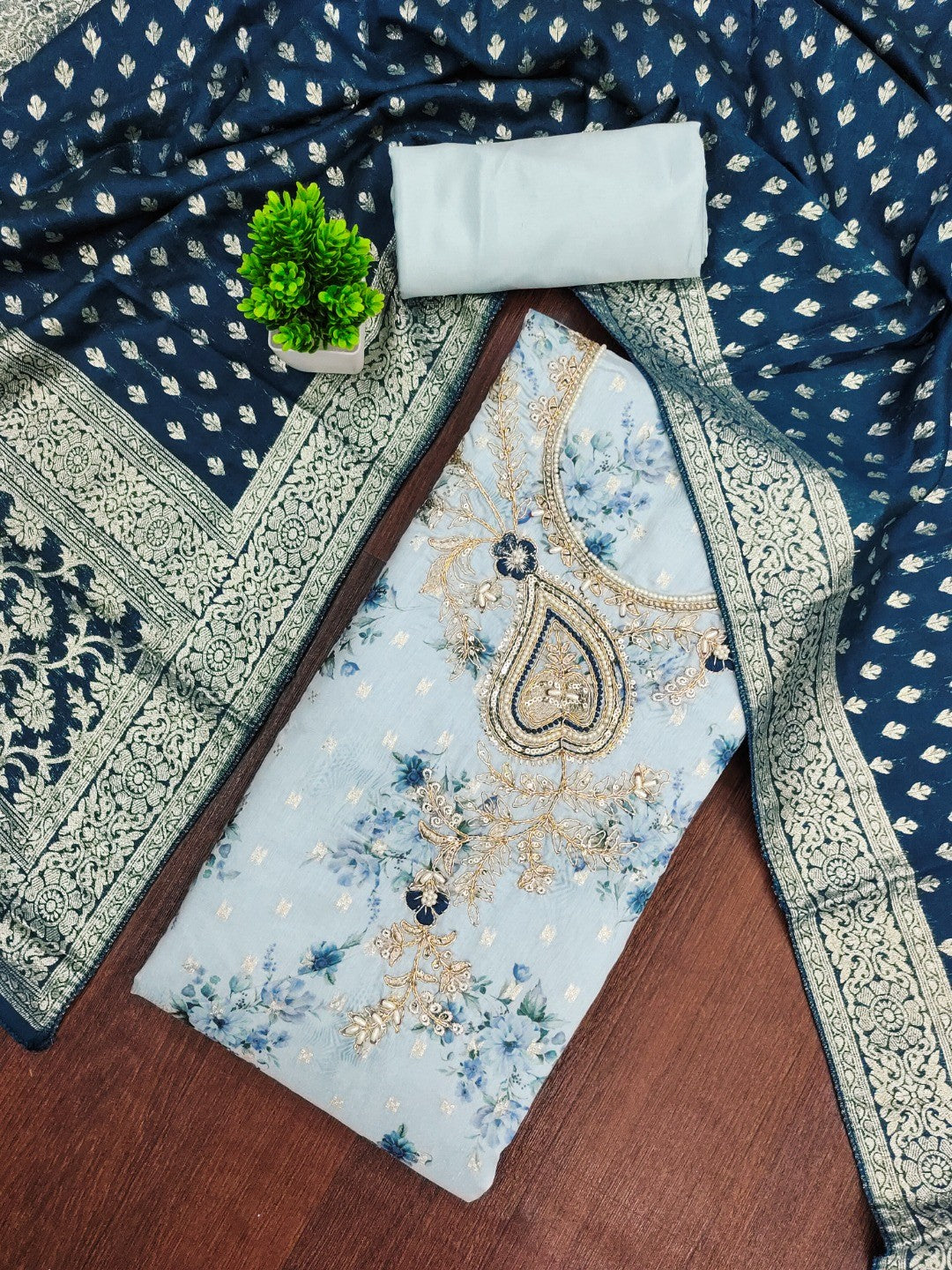 Blue Floral Printed Cotton Blend Unstitched Suit Material for Stylish Traditional Outfits - Image 1