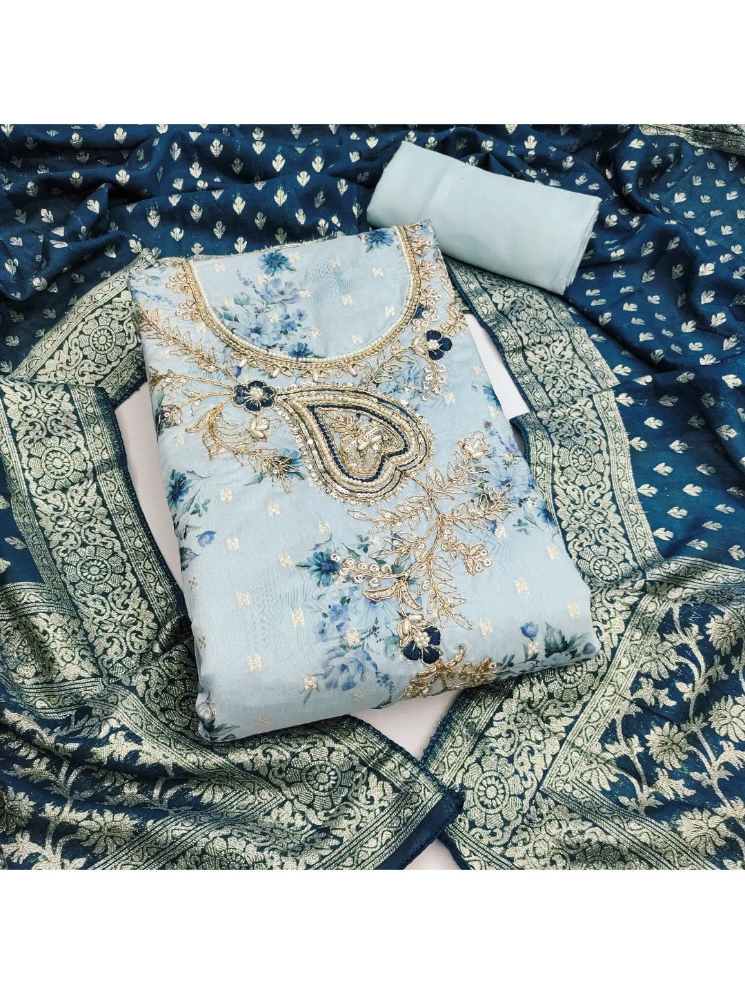 Blue Floral Printed Cotton Blend Unstitched Suit Material for Stylish Traditional Outfits - Image 3