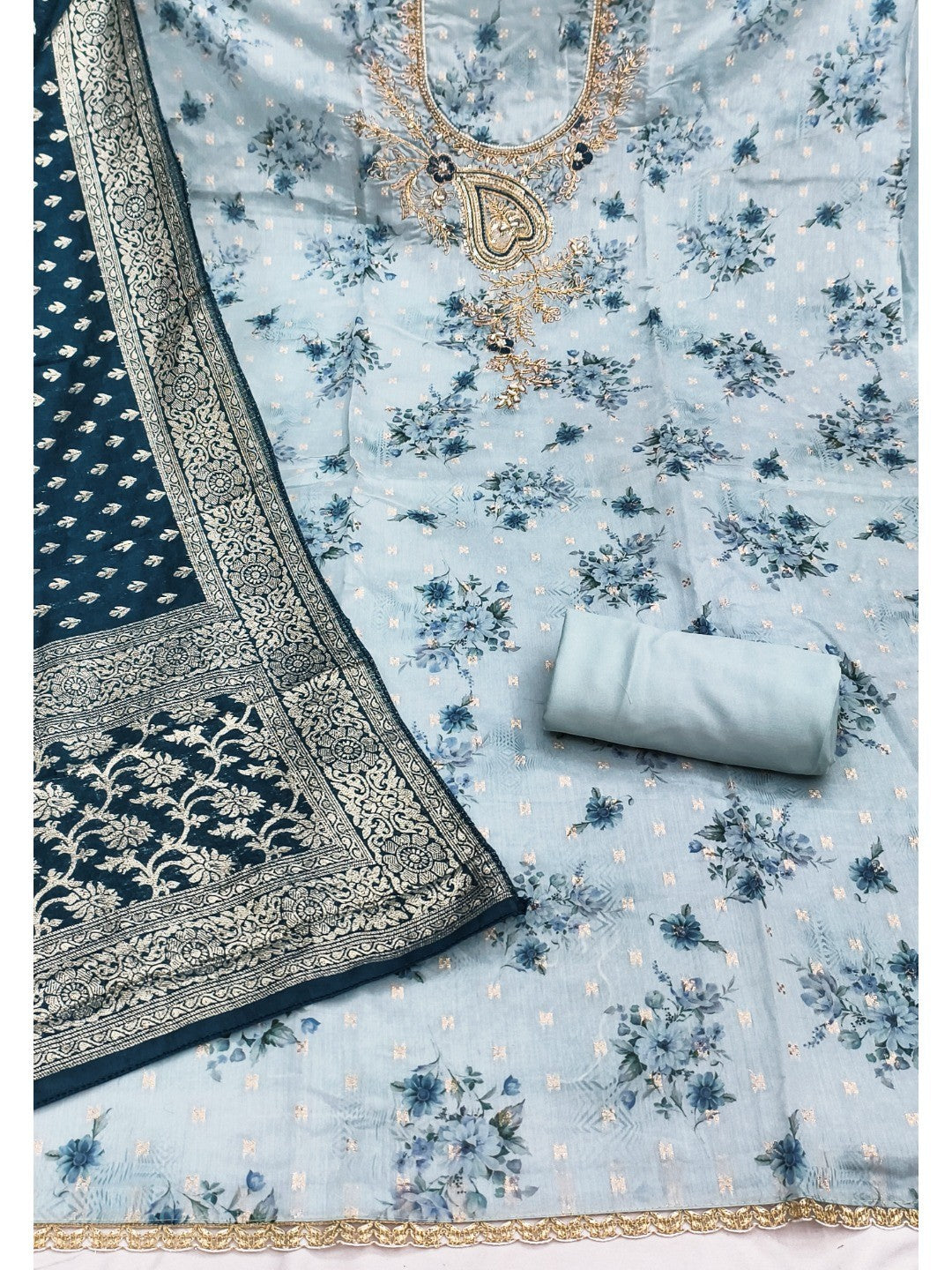 Blue Floral Printed Cotton Blend Unstitched Suit Material for Stylish Traditional Outfits - Image 4