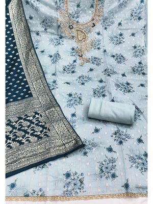 Blue Floral Printed Cotton Blend Unstitched Suit Material for Stylish Traditional Outfits - Image 2