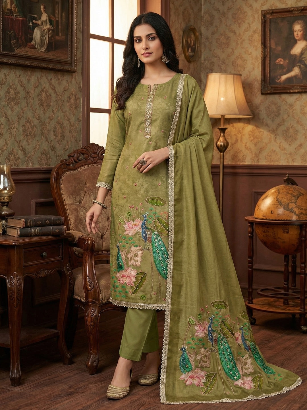 Green Cotton Silk Dress Material with Peacock Print & Lace Detail - Image 2