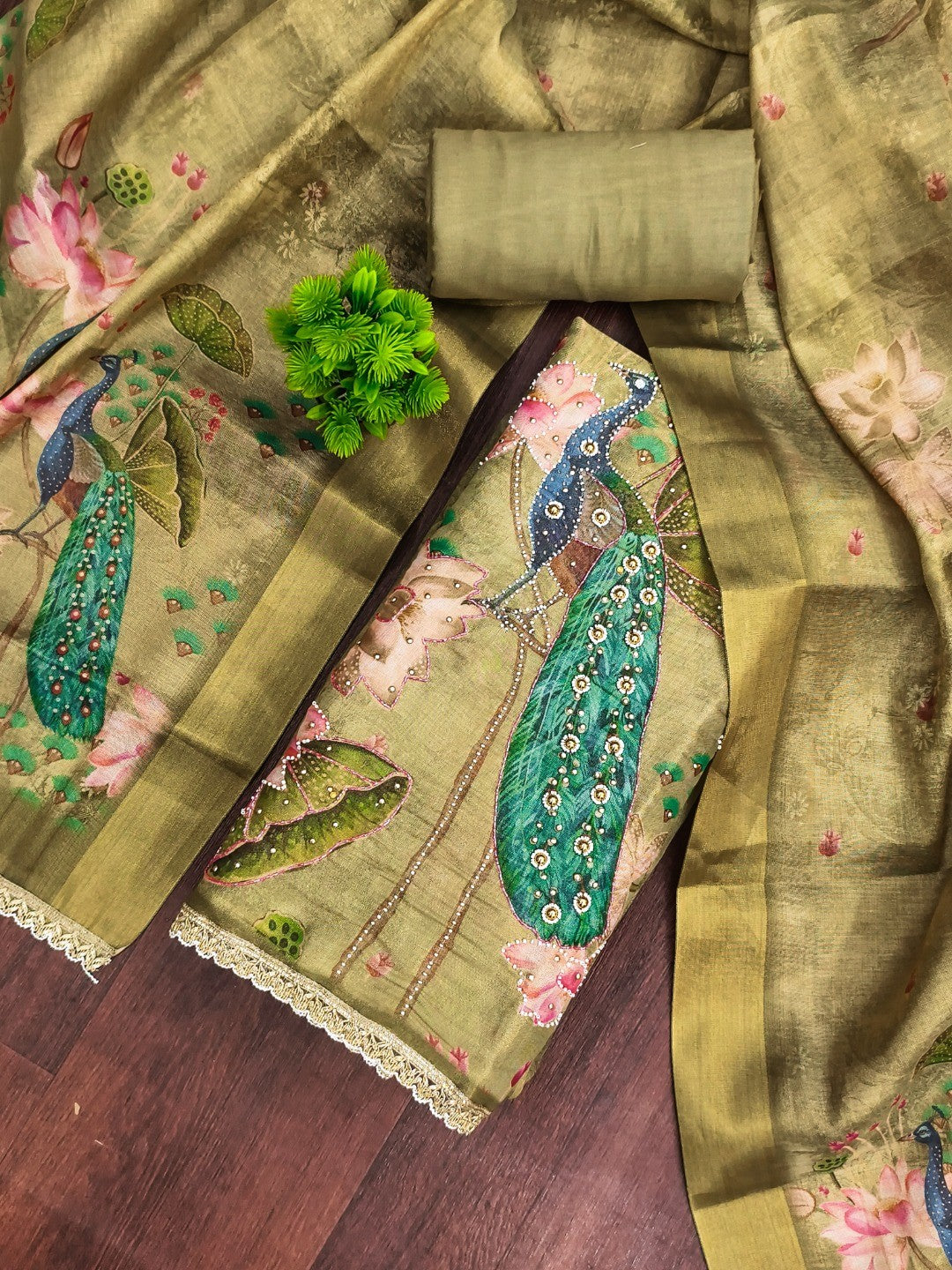 Green Cotton Silk Dress Material with Peacock Print & Lace Detail - Image 5