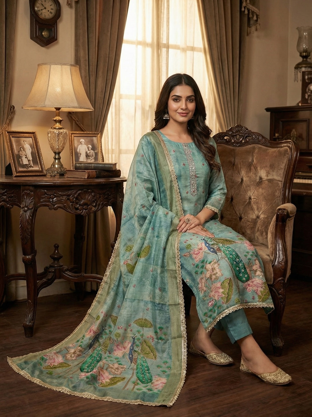 Blue Cotton Silk Dress Material with Peacock Print & Lace Detail - Image 2
