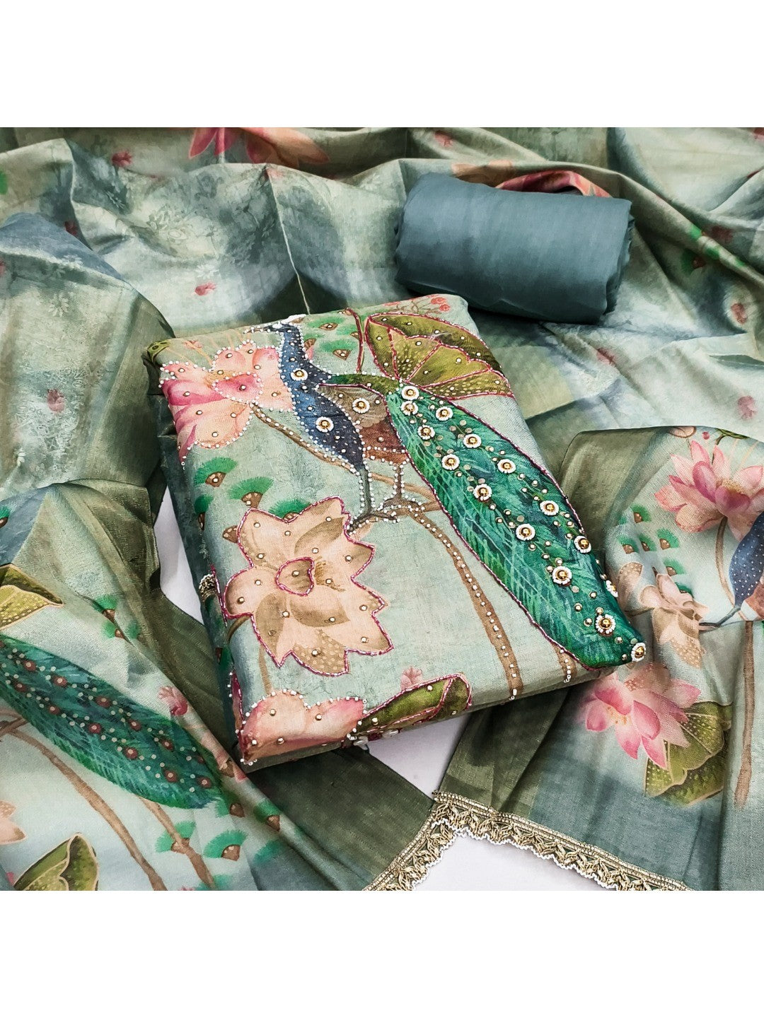 Blue Cotton Silk Dress Material with Peacock Print & Lace Detail - Image 1