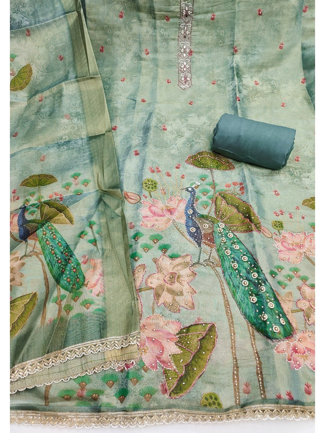 Blue Cotton Silk Dress Material with Peacock Print & Lace Detail - Image 5