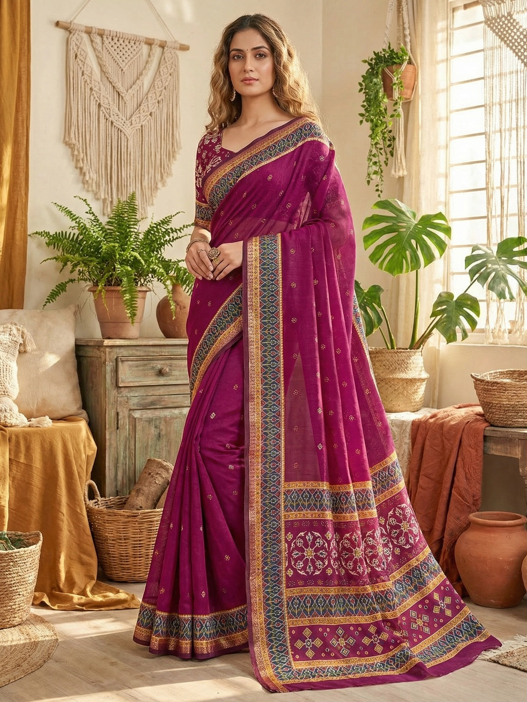 Stunning Wine Color Viscose Saree with Patola Print Border & Elegant Look - Image 1