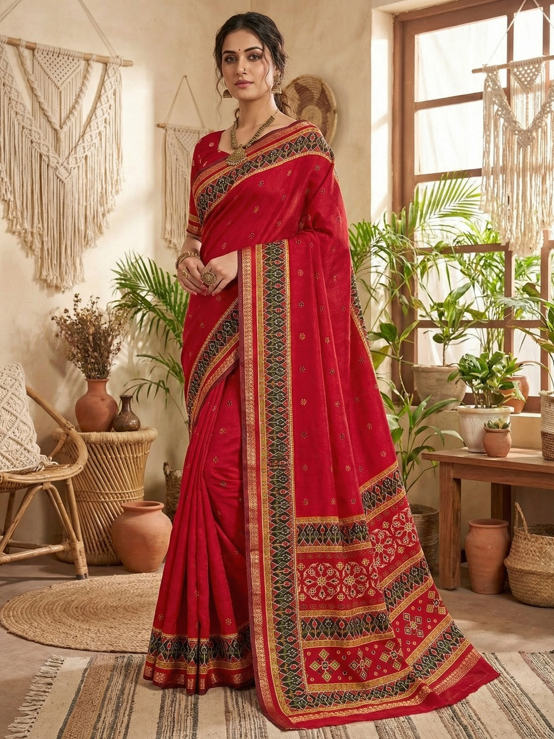Stunning Red Viscose Saree with Traditional Print Border & Graceful Look - Image 1