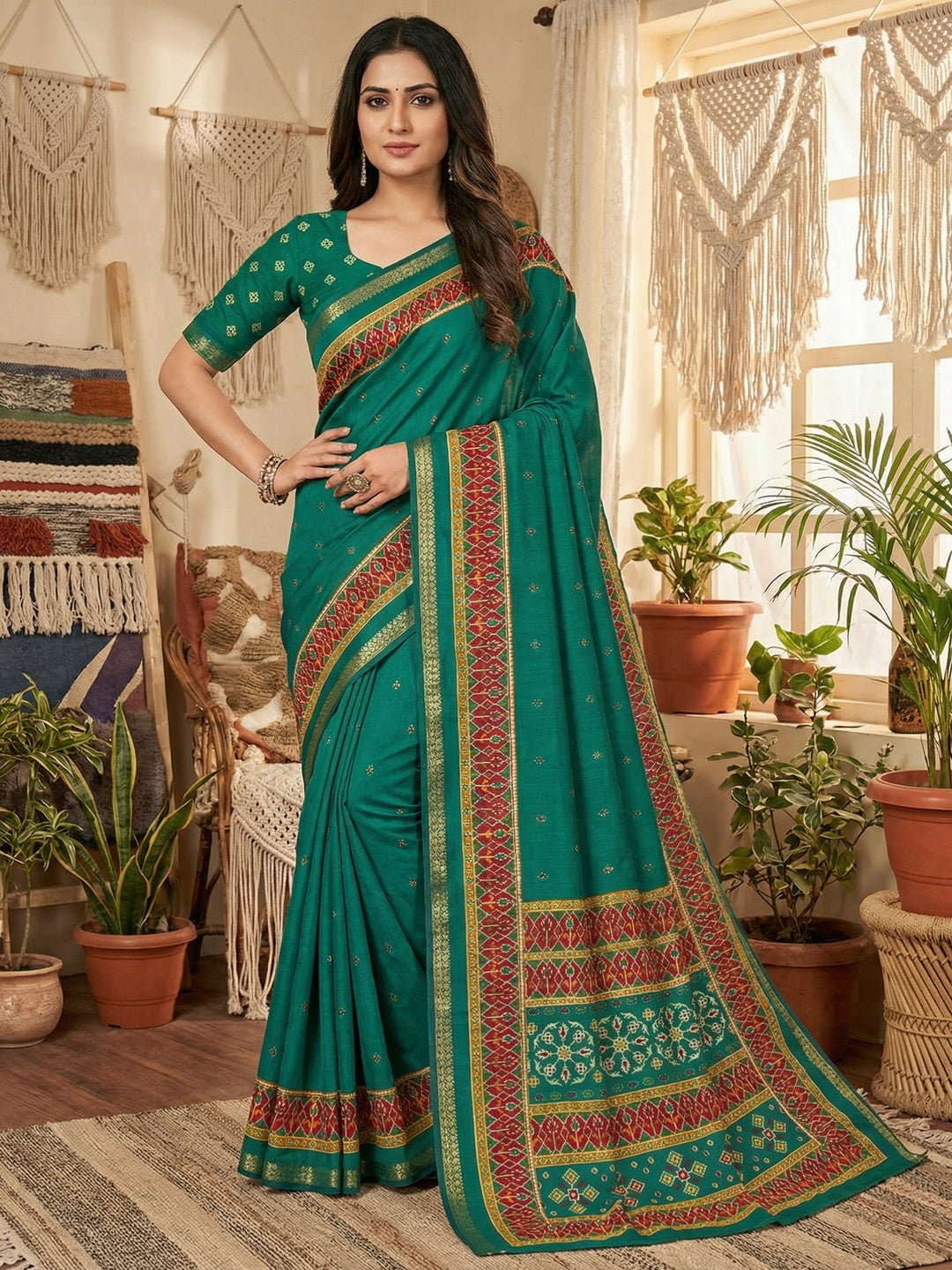 Stunning Teal Viscose Saree with Patola Print Border & Graceful Look - Image 1