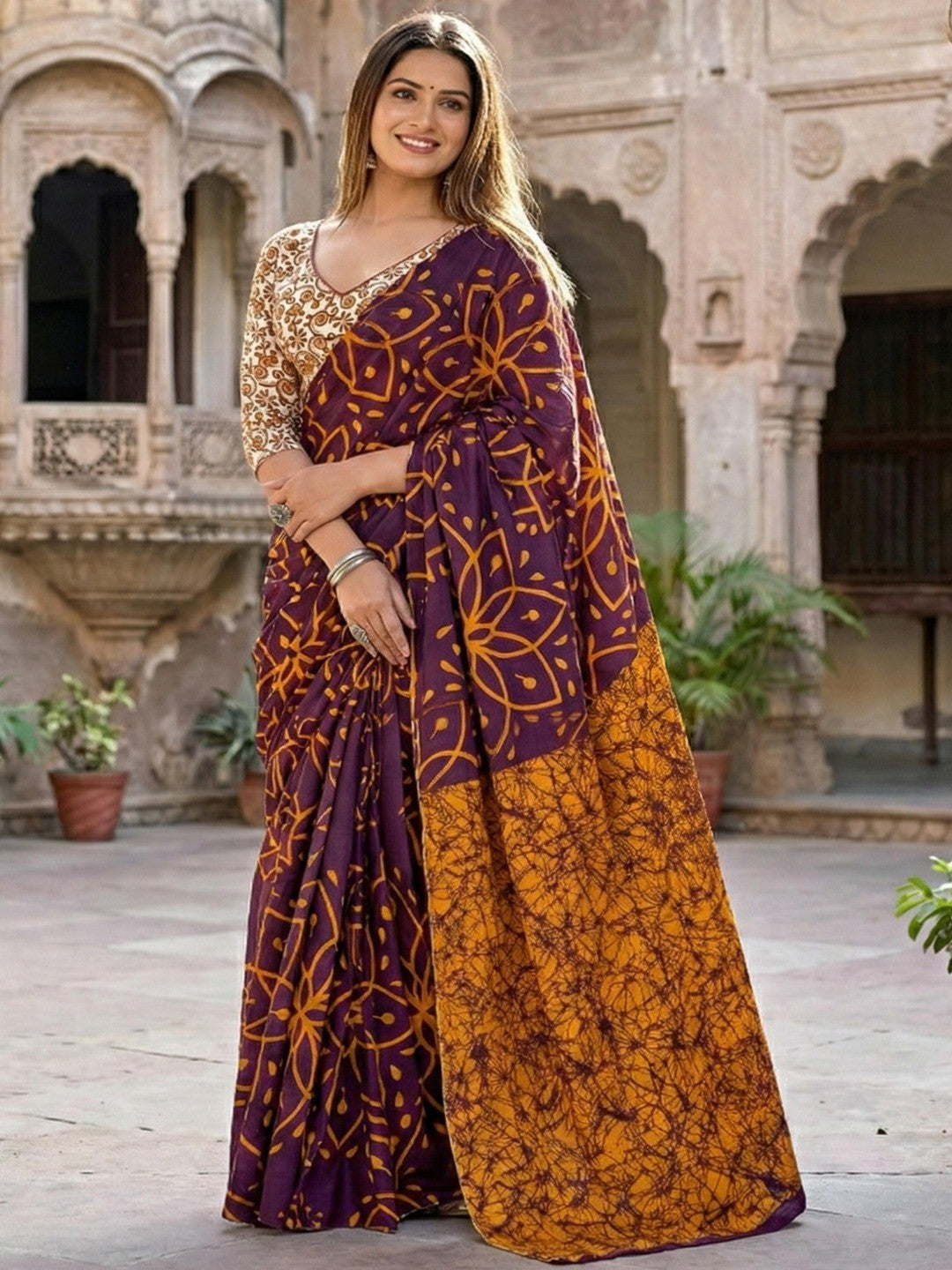 Sophisticated Wine Floral Printed Mulmul Cotton Saree With Unique Abstract Pattern Pallu - Image 1
