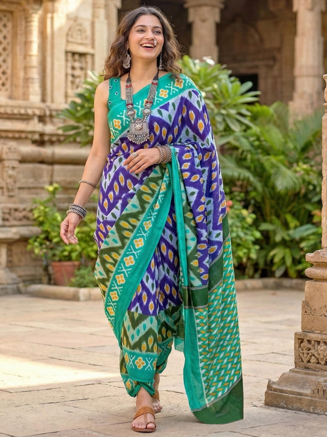 Elegant Rama Green & Blue Ikkat Print Mulmul Cotton Saree With Traditional Pattern Design - Image 1