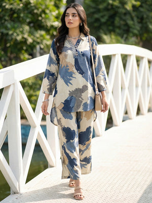 Blue Abstract Printed Viscose Two Piece Outfit with Soft Fabric and Modern Look - Image 1